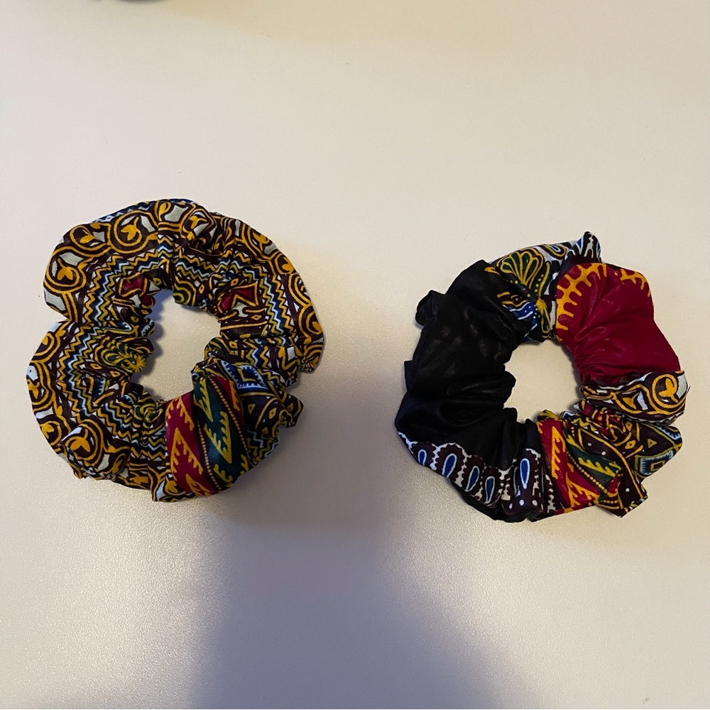 Black African Print Ankara Dasdhiki Set of 2 Size Large Cotton Scrunchie